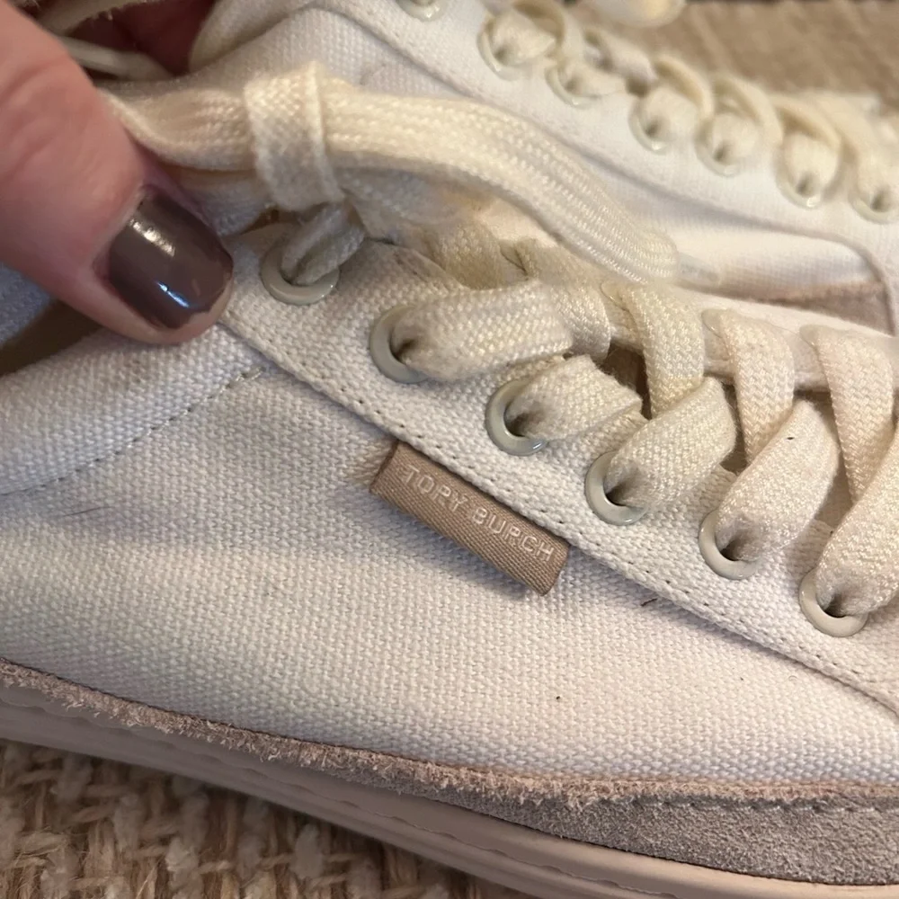 Tory Burch Classic Court Canvas Sneaker Natural Suede Size 7 Quiet Luxury Casual